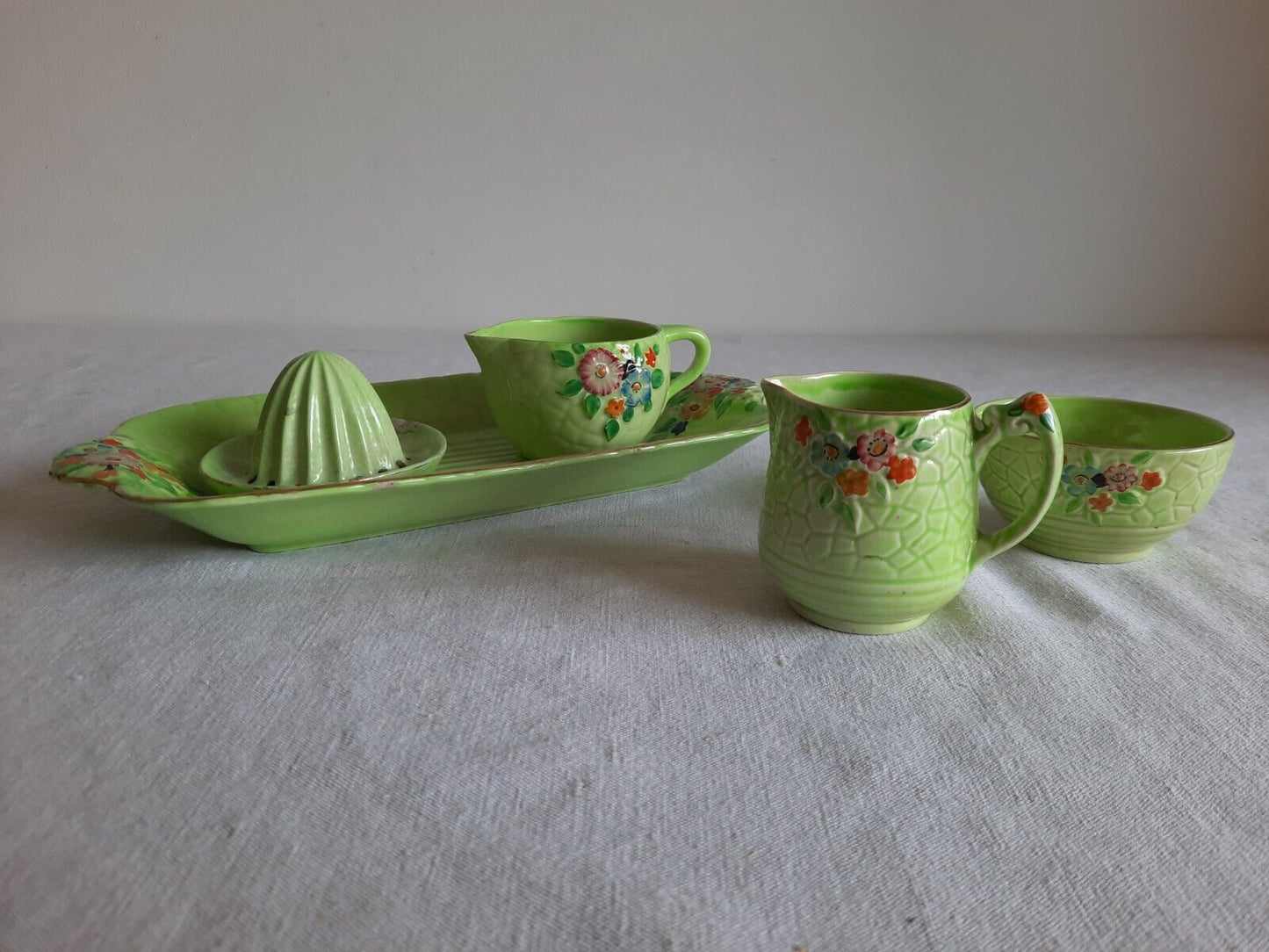 CROWN DEVON ART DECO FIELDINGS GARDEN PATH 1930s VTG JUG DISH BOWL SET JUICER