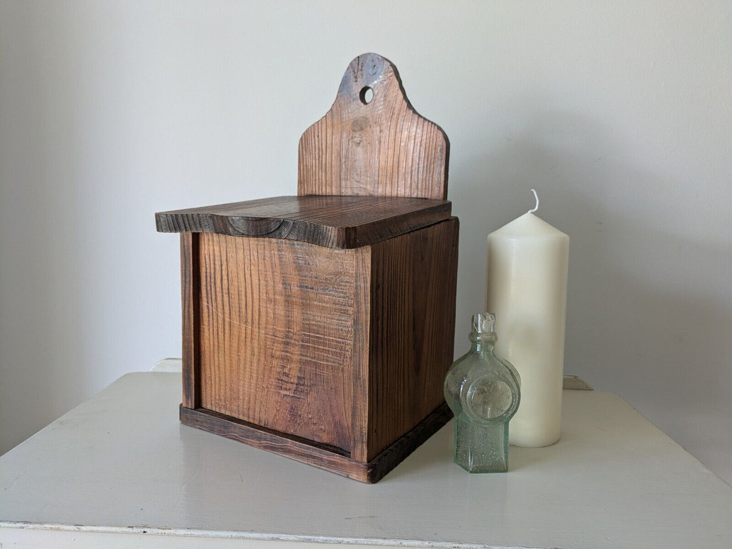 Antique Vintage Pine Candle Salt Box wall sconce keys Gothic original old shelf.