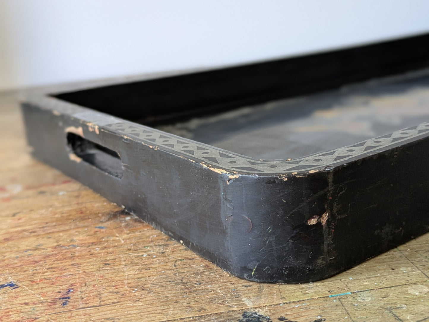 Vintage Chinese Lacquered Serving Tray c. 1950 Painted Floral Black Stencil Atq