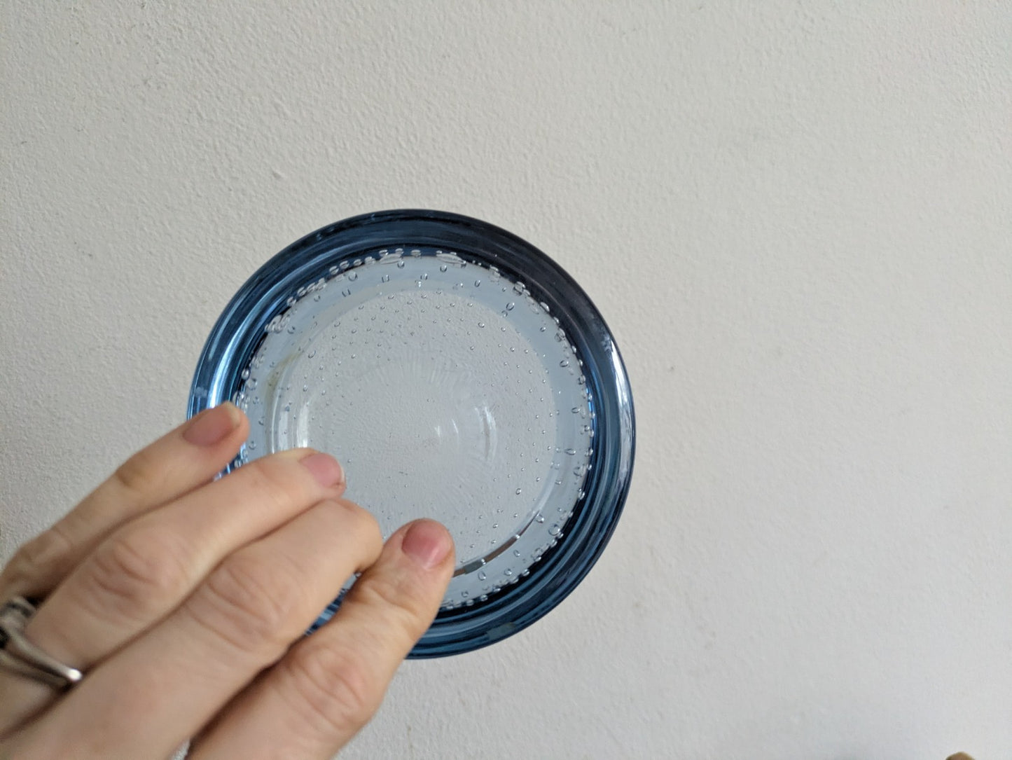 Retro Whitefriars Controlled Bubble Glass Small Dish / Bowl Blue Vintage 1970's
