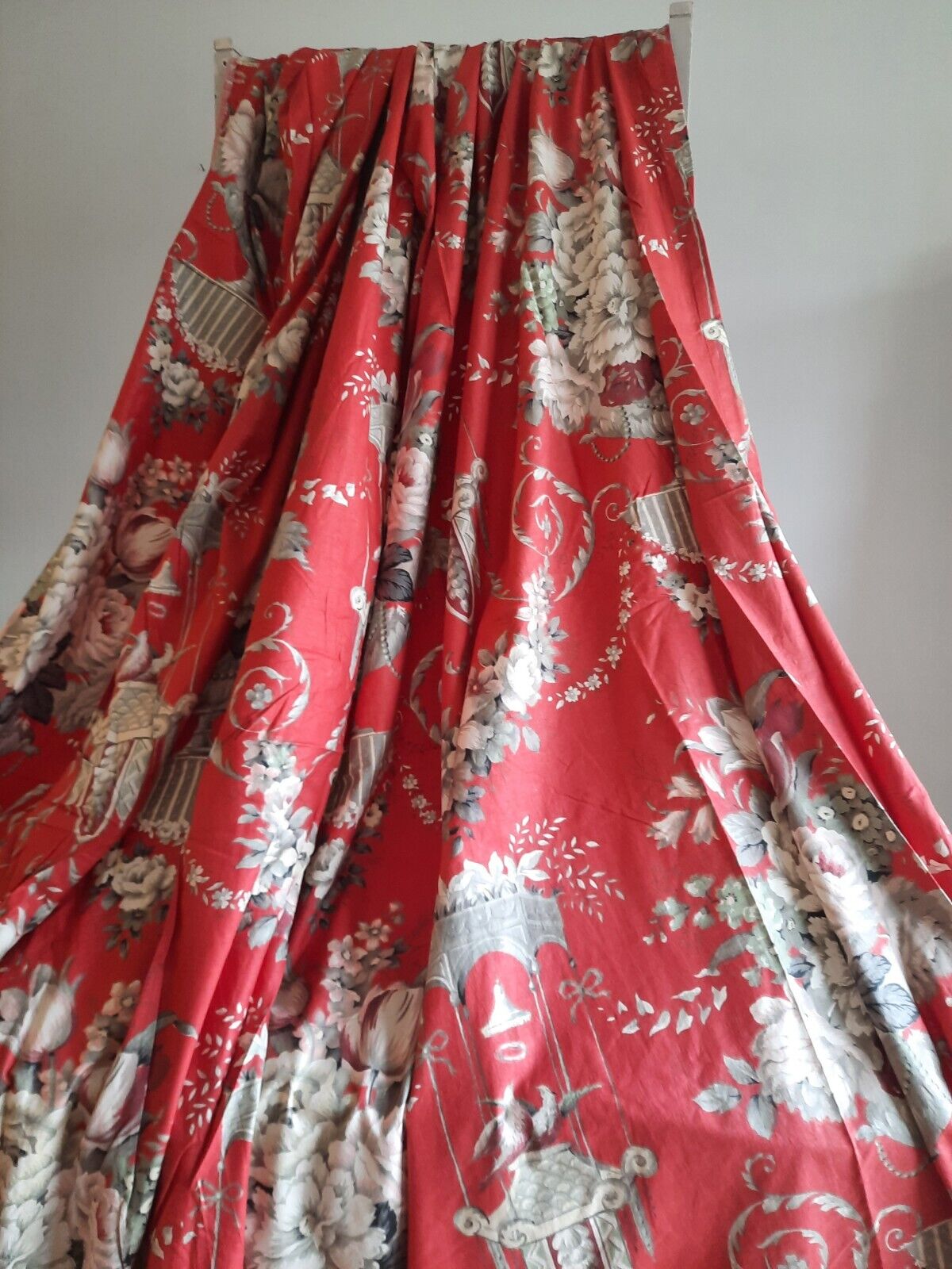 Vtg antique 40s french red floral fabric Cabbage Rose Bird Cage 2.33m X 2.45m