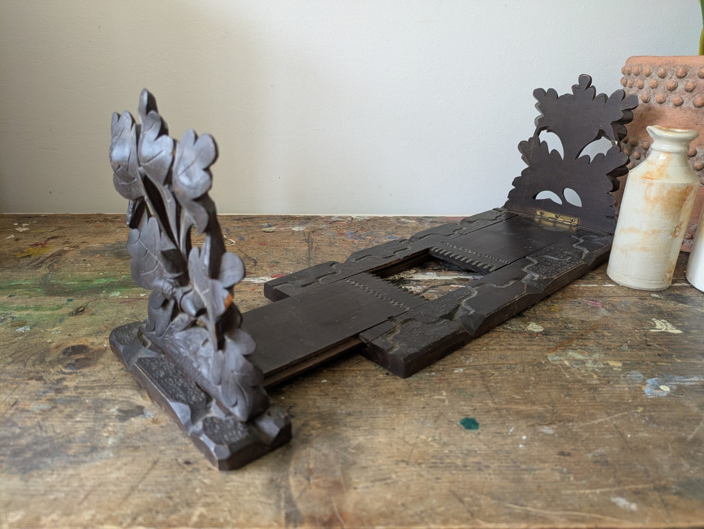 ANTIQUE VTG RARE SWISS BLACK FOREST CARVED WOOD FOLDABLE SLIDING BOOK STAND RACK