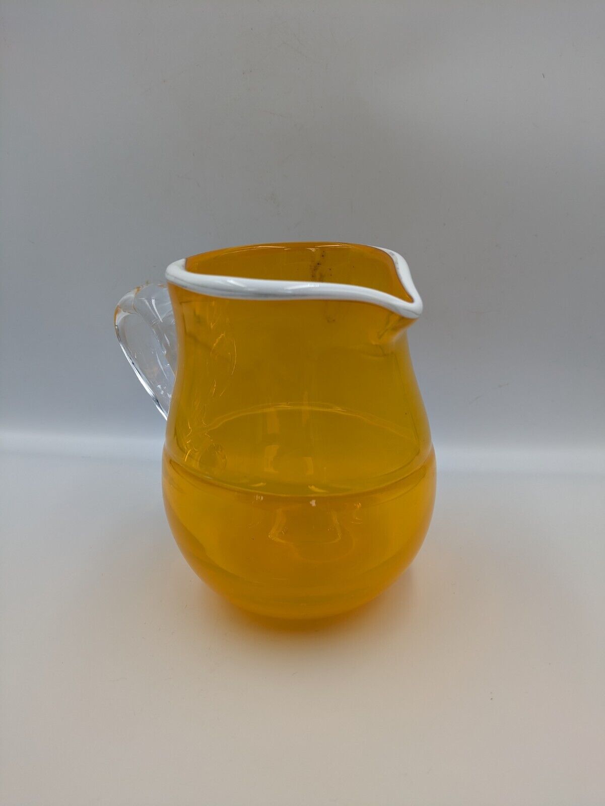 Hand Blown Glass Yellow Pinch Pitcher Applied Handle White Rim American Rare Vgc