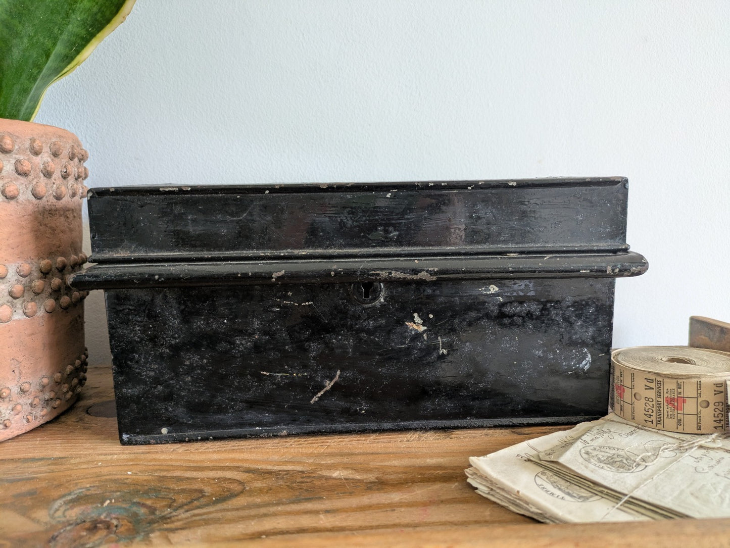 Vintage Metal Box Document Deed BOX Black Latch Hinged Lid Medium Cash Tin File