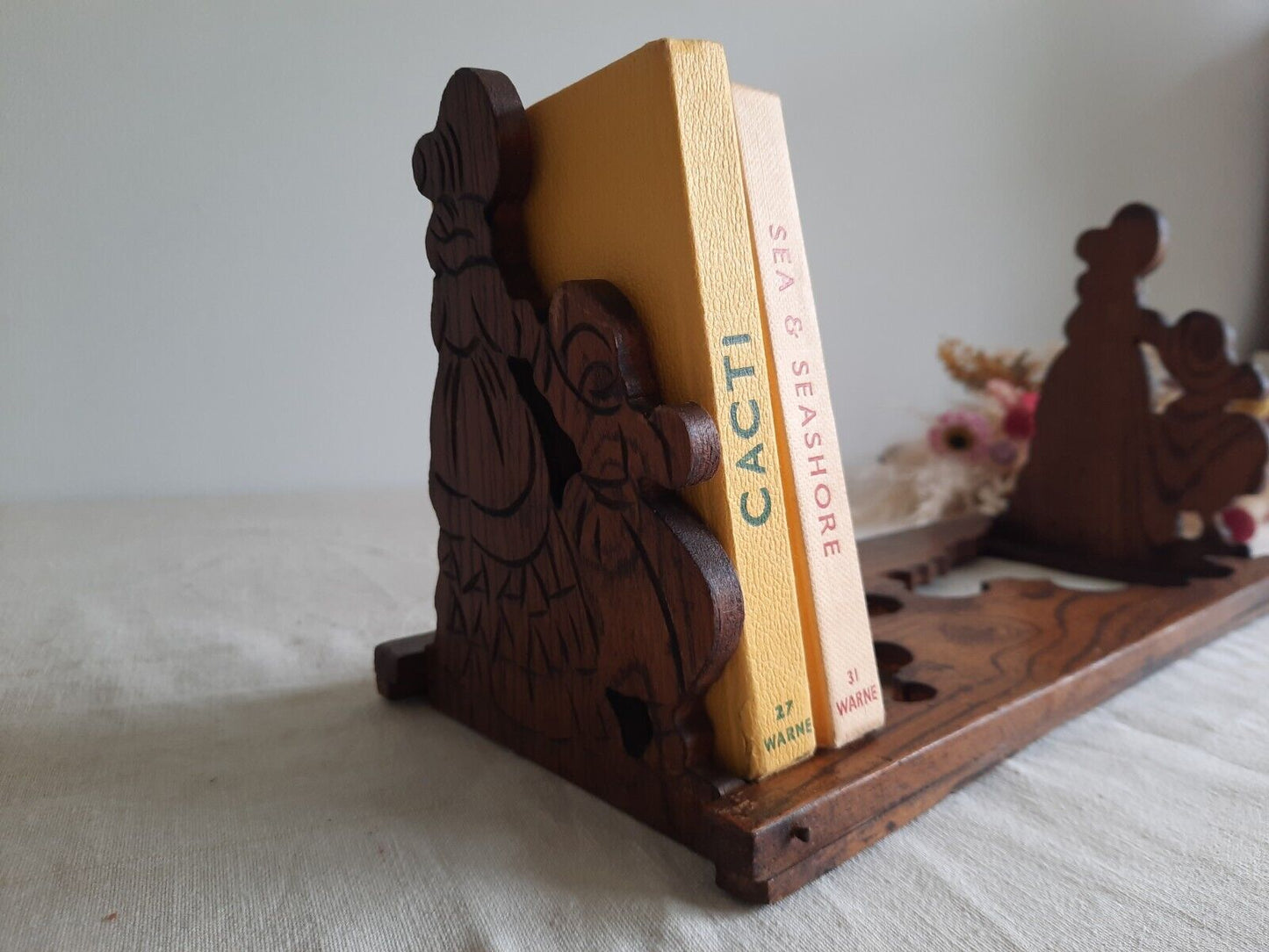 Vintage Wooden 1930s Crinoline Lady Folding Book Rack Case Tabletop Trough Deco