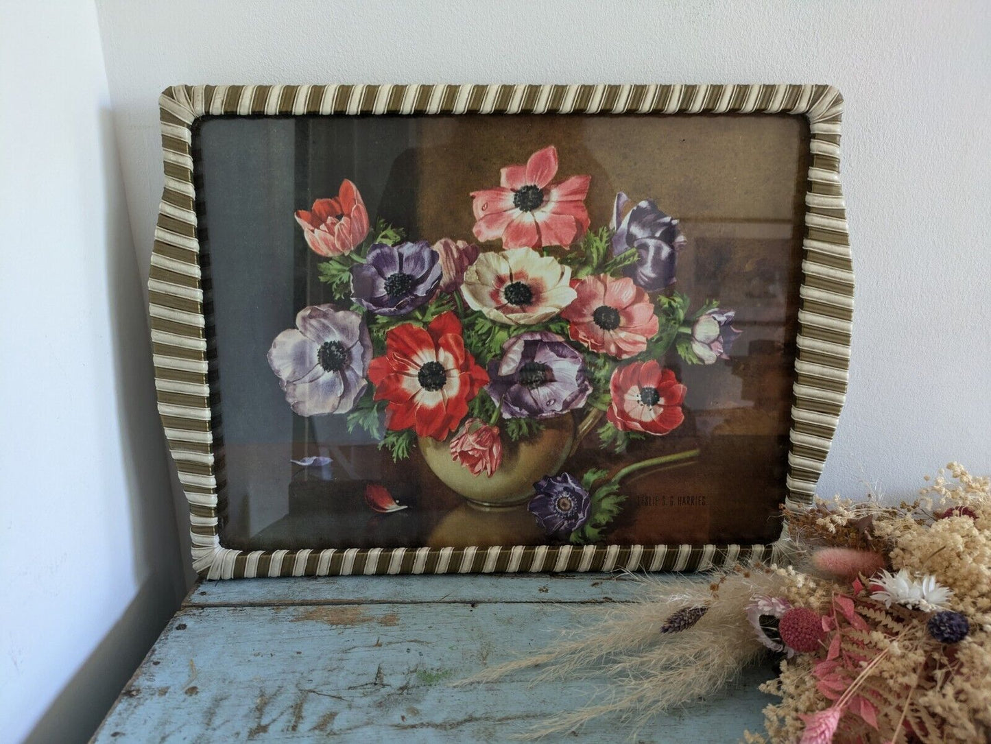 Vintage Retro Tray wrap handles Glass Floral Picture Poppy's Leslie S G Harries