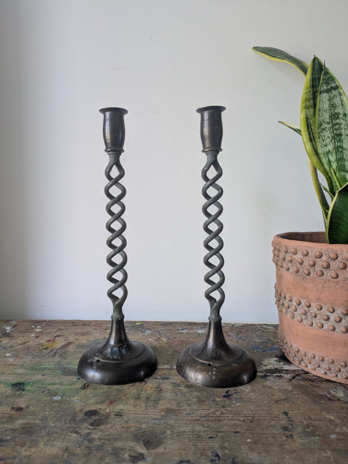 LARGE HEAVY TALL Pair Antique Brass Barley Twist/Spiral Candlesticks 34.8cm Tall