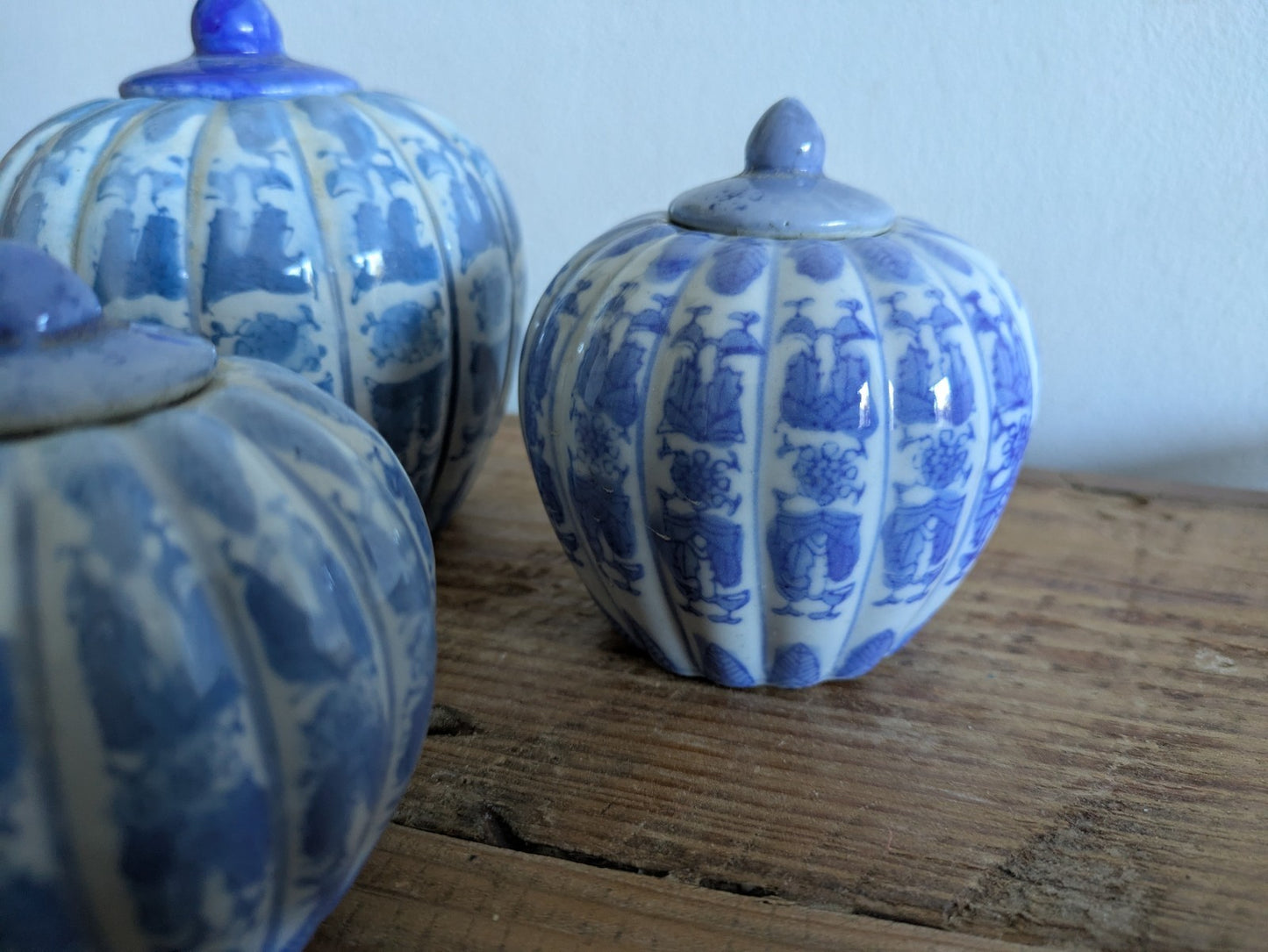 Set of 3 Chinoiserie Blue and White Porcelain Pumpkin-Shaped Ginger Jars Trio