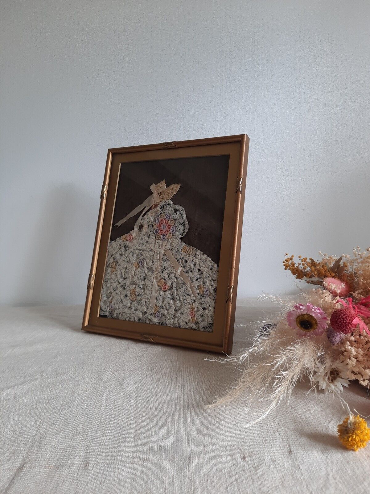 vintage framed picture embroidery ribbon lace crinoline Lady Antique Frame Gilt