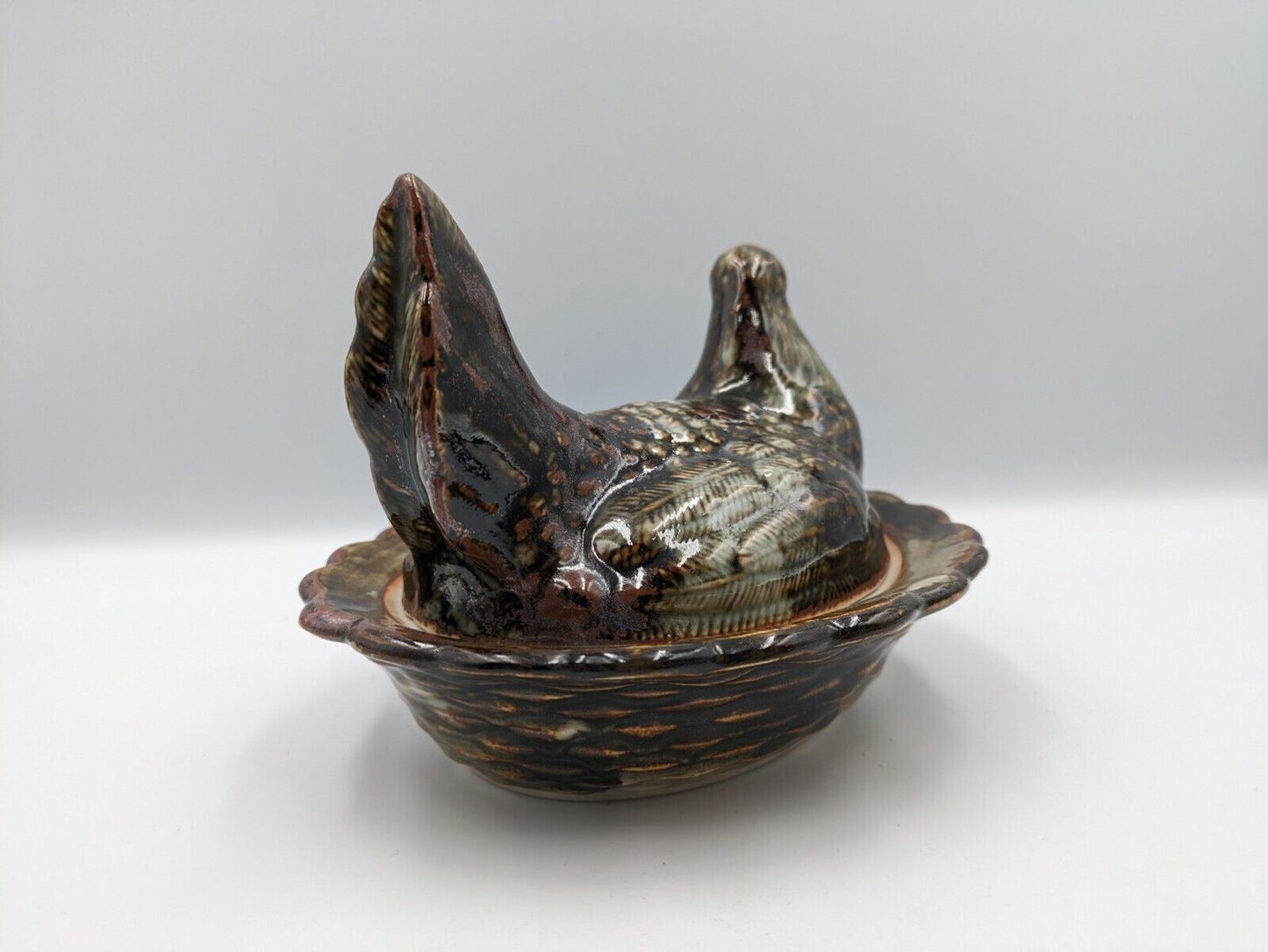 Antique Victorian Brown pottery Hen on Nest egg crock Tureen Terrine Egg Holder