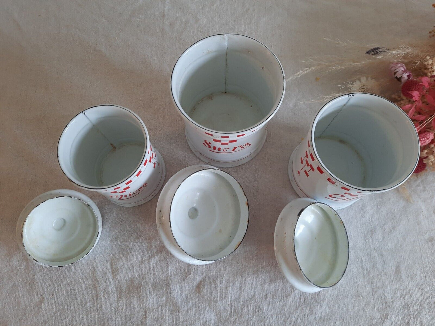 Vintage French Enamel Canisters Set-Red White Check Tins Jars Antique 20s 30s