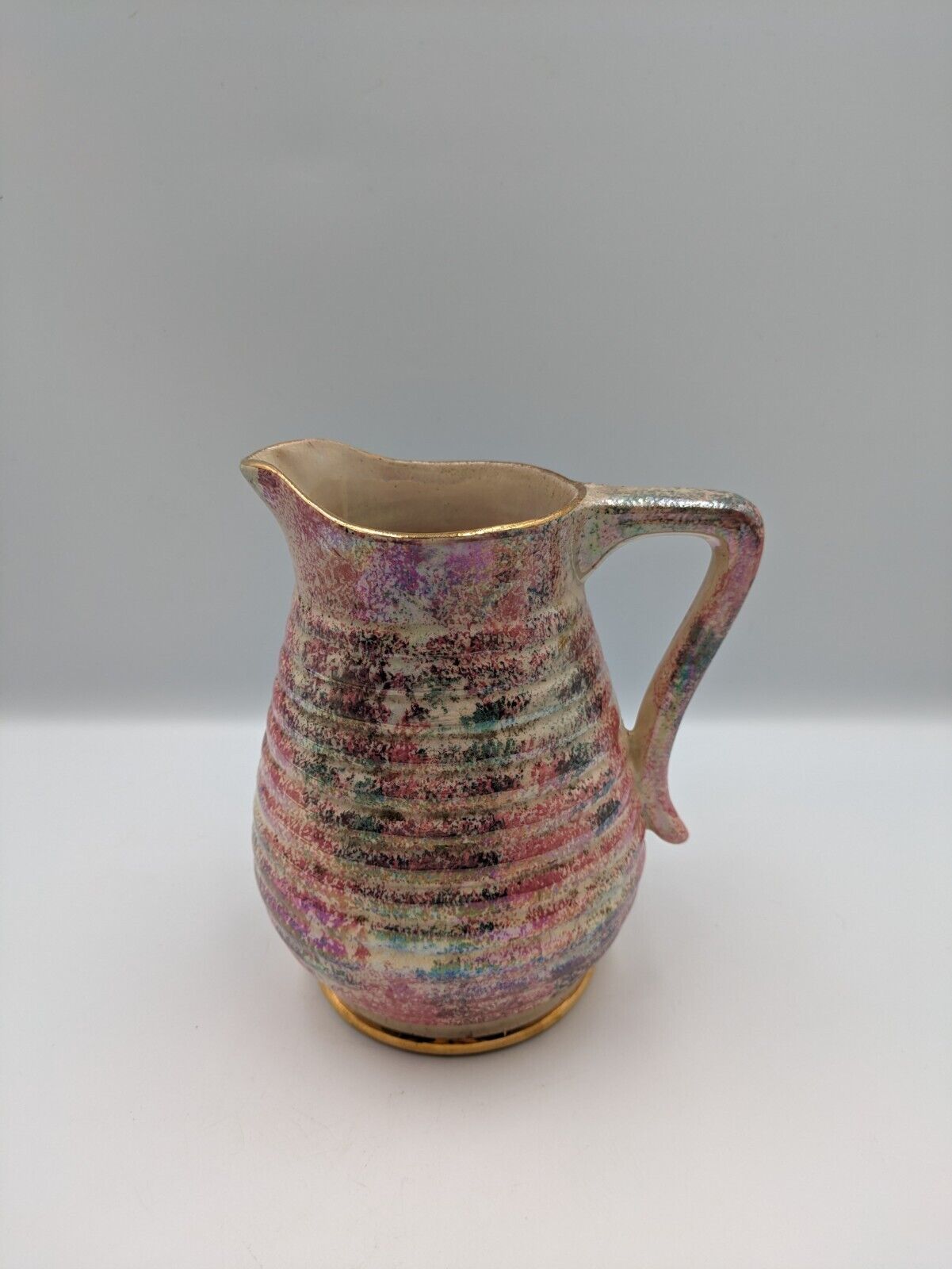 Large Vtg Mottled Pink and Pearl Lustre Ribbed Jug Govancroft Stoneware Glasgow