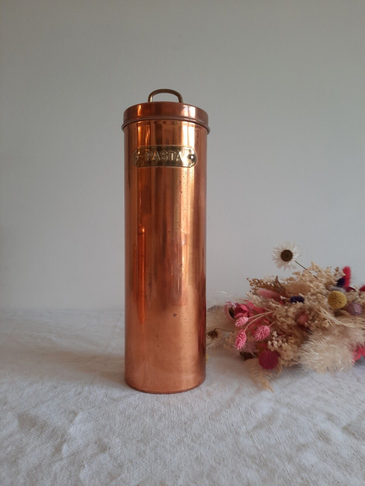 Vintage Tall Copper "Pasta" Tin Container Brass Lettering Jar Display Prop Old