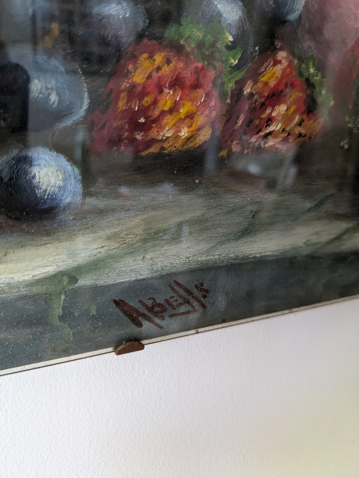 Abells Signed Still Life Oil Fruit Grapes Frameless 1920s Painting Dutch Glass