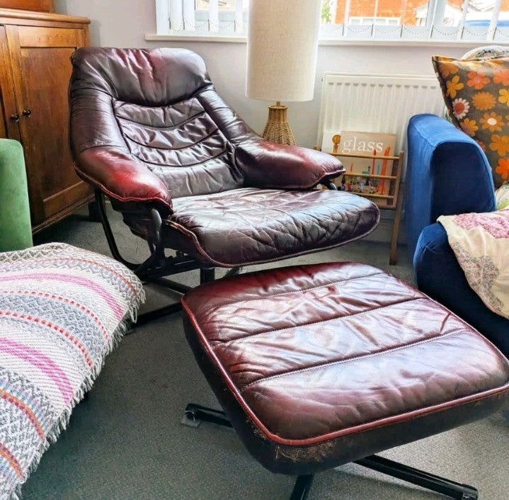 MCM Skoghaug Industries Oxblood Red Leather Swivel Recliner Armchair & Stool 60s