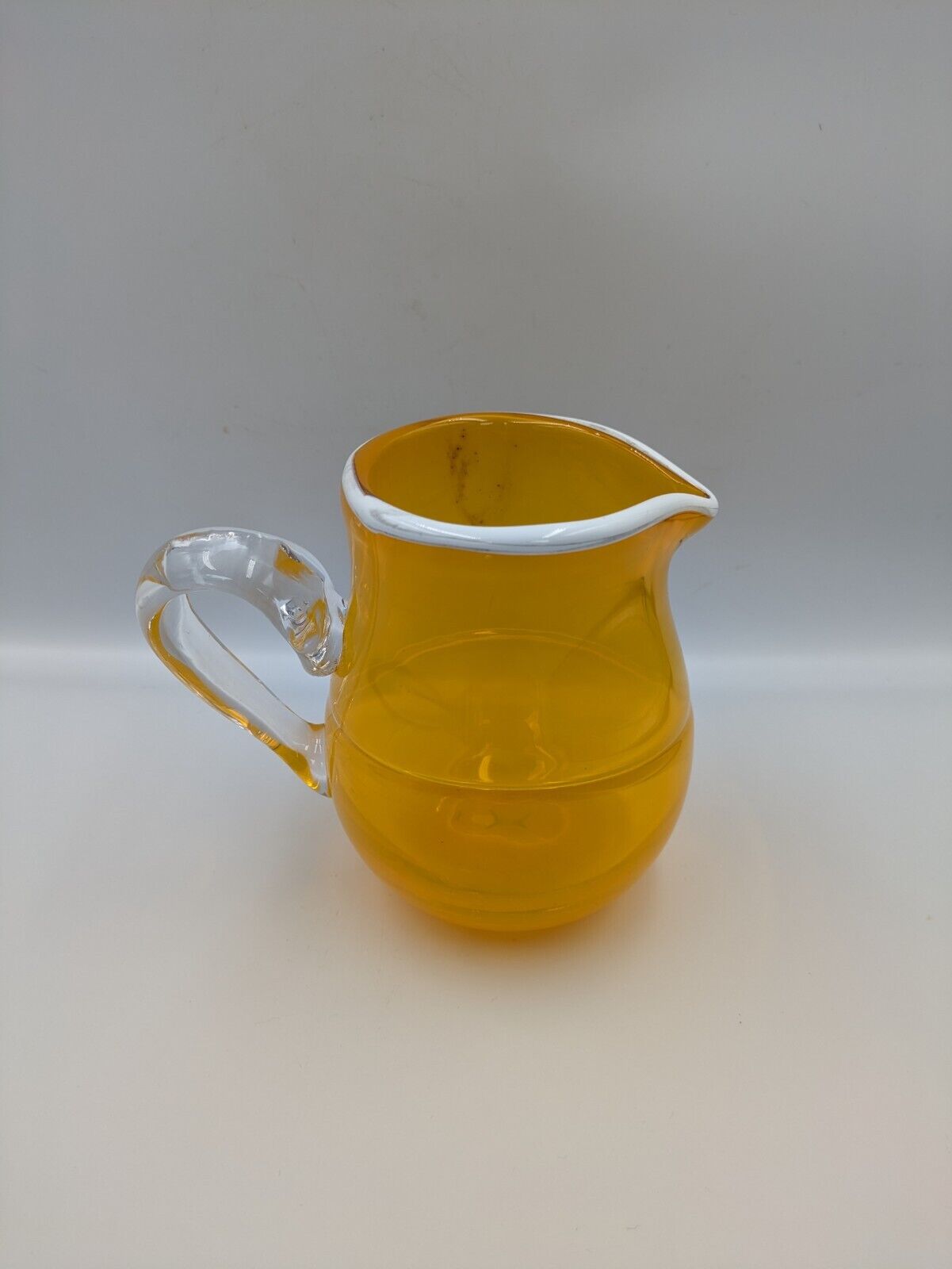 Hand Blown Glass Yellow Pinch Pitcher Applied Handle White Rim American Rare Vgc