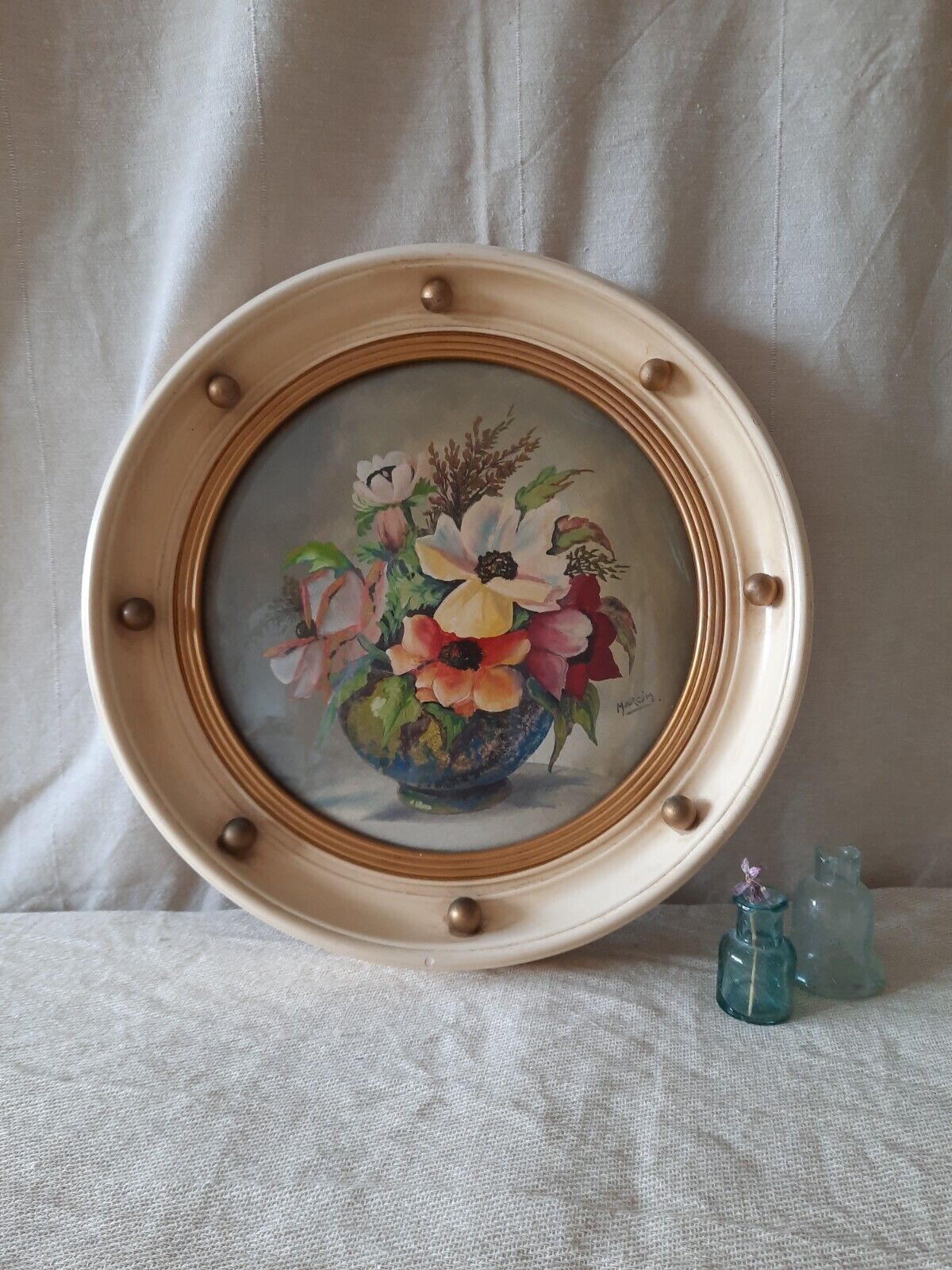 Vintage Retro Framed floral Painting gilt ball cream frame roses convex glass!