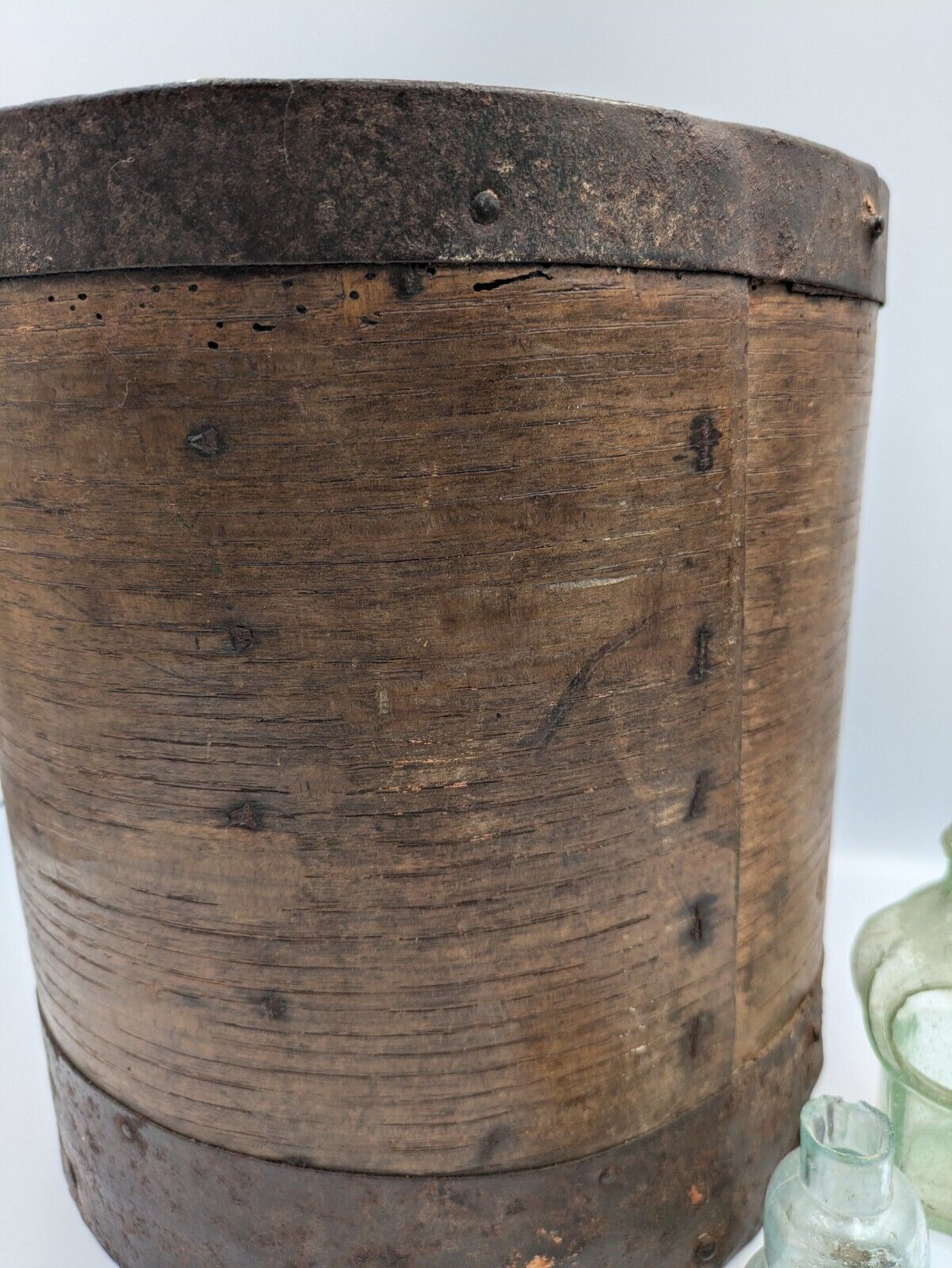 Vintage Bentwood Primitive Heavy Iron Grain Measure Pot Handmade Banded Metal