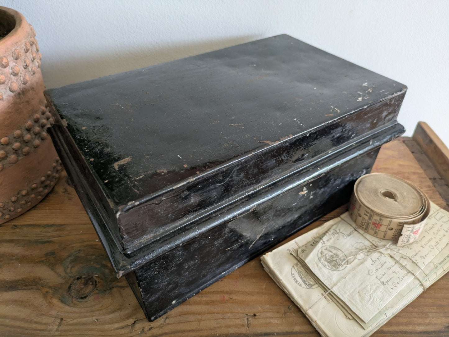 Vintage Metal Box Document Deed BOX Black Latch Hinged Lid Medium Cash Tin File
