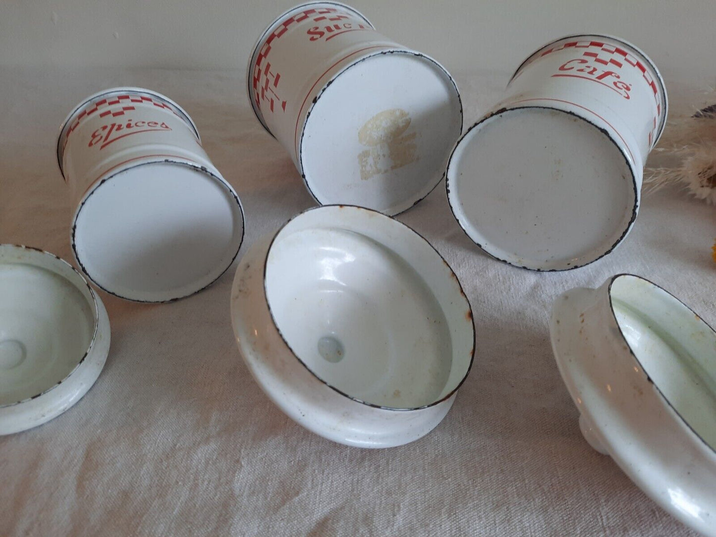 Vintage French Enamel Canisters Set-Red White Check Tins Jars Antique 20s 30s