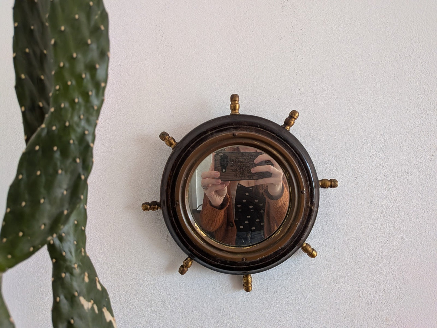 Antique Porthole Maritime Mirror Solid Oak Small Ships Wheel Nautical 1920s Vtg!