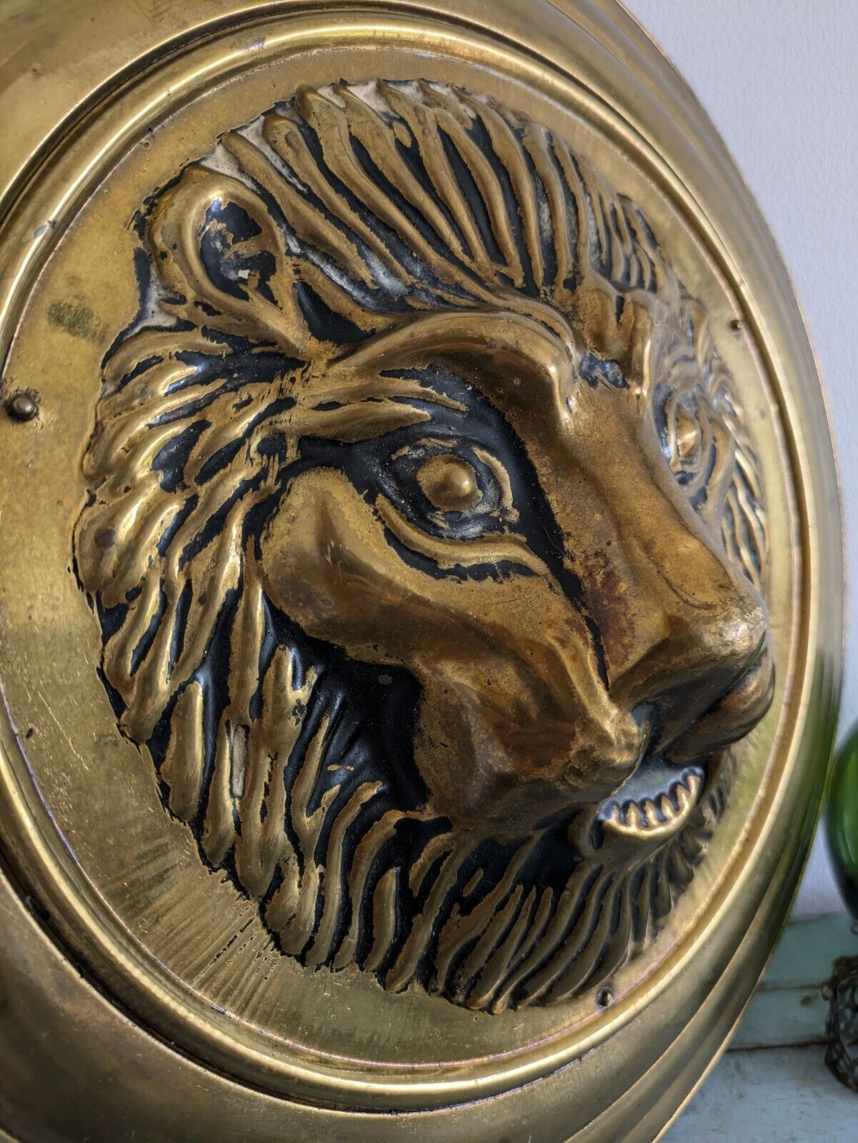 Antique Reclaim 19th C Large Brass Lion Head Plaque Wall Convex Circular 3D Vtg