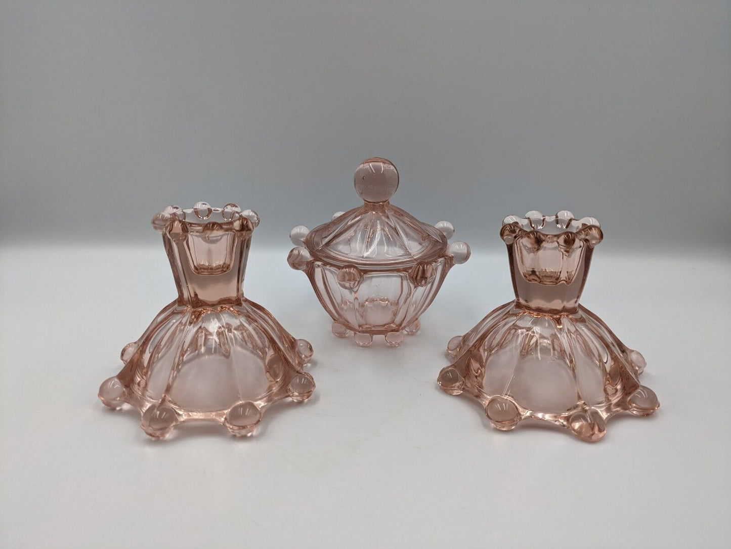 ART DECO VINTAGE GLASS DEPRESSION PINK GLASS CANDLESTICKS & LIDDED POT VANITY
