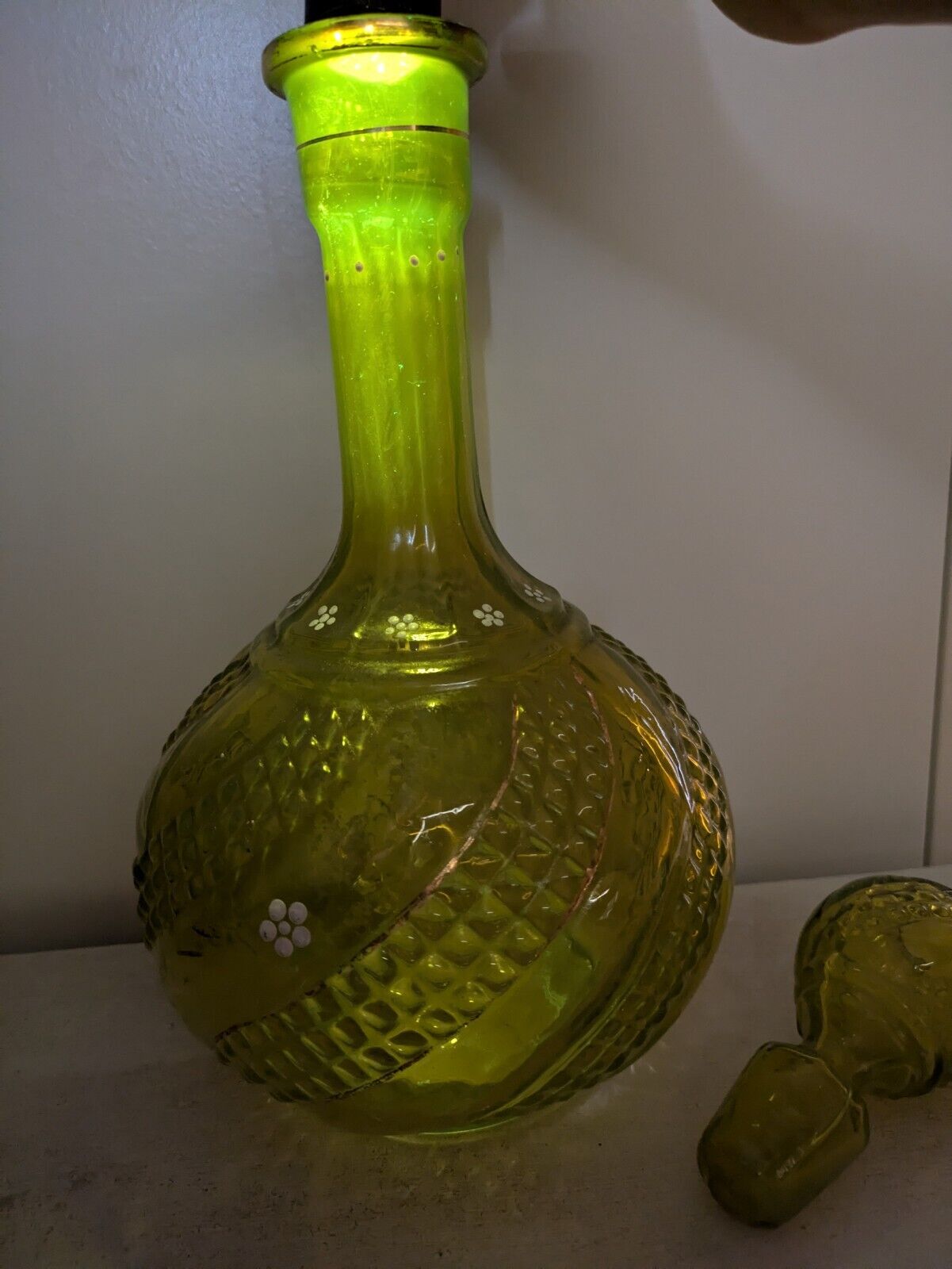 Vintage Yellow Vaseline 1920s 30s Glass Decanter Hand Painted Gold Rare Stopper