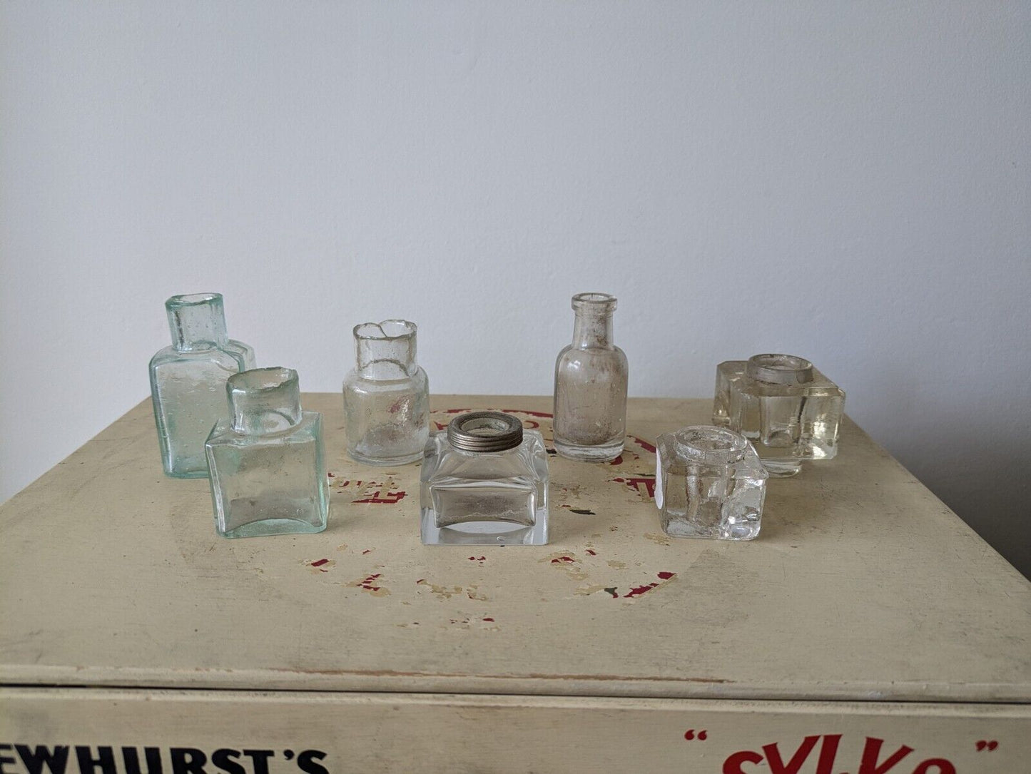7x Antique Vintage Glass Bottles vase flower original apothecary ink old Bell