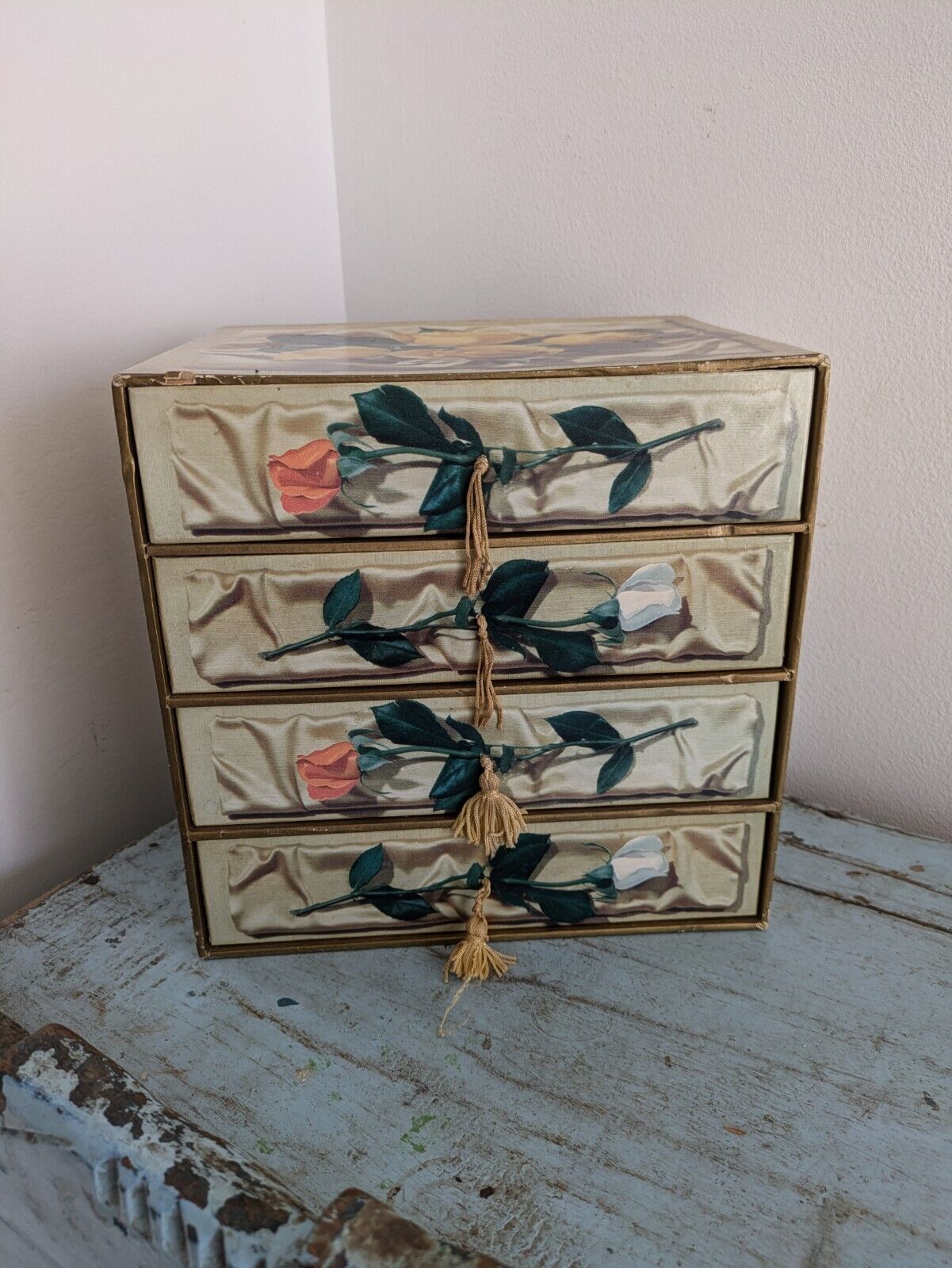 Vintage Chocolate Box Drawers Store Jewellery Sewing Joseph Terry Cardboard Rose
