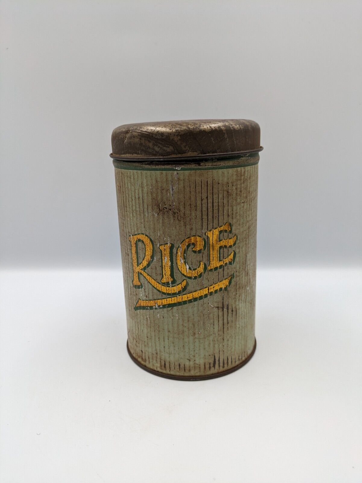 CIRCA 1930s VINTAGE "RICE" TIN Cream Gilt Gold Ribbed Rare Prop TV Film Canister