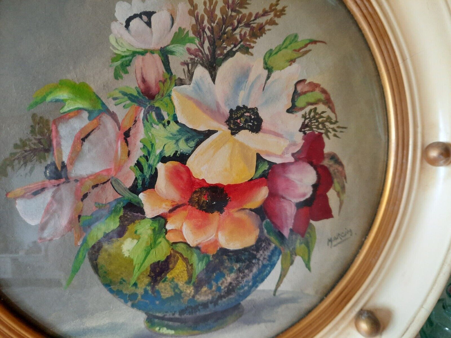 Vintage Retro Framed floral Painting gilt ball cream frame roses convex glass!