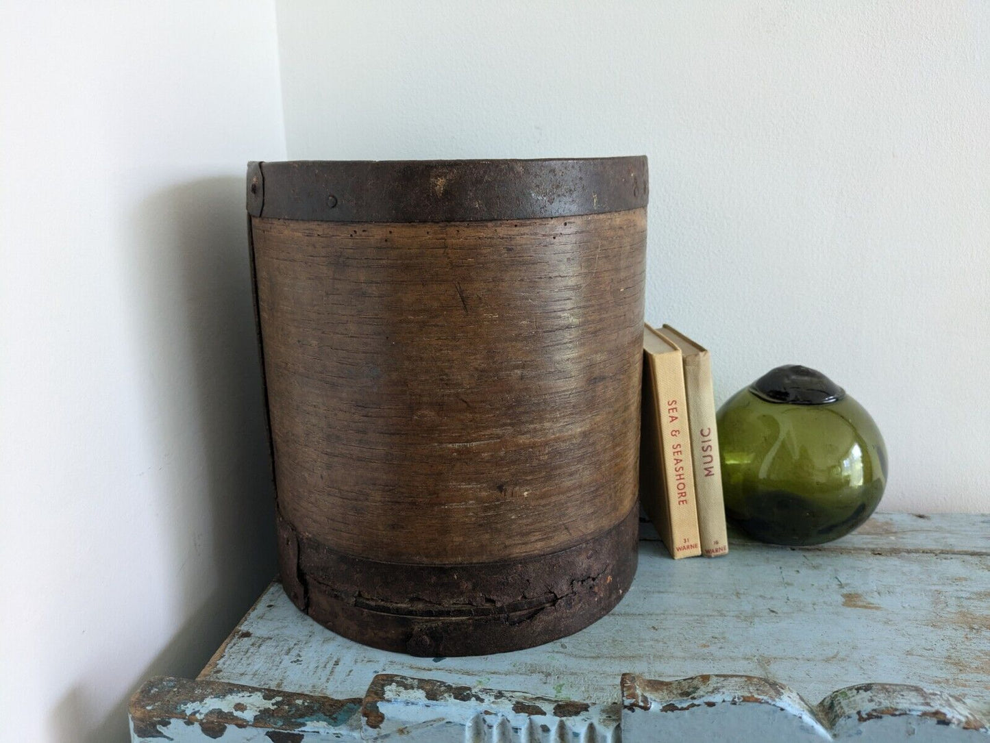 Vintage Bentwood Primitive Heavy Iron Grain Measure Pot Handmade Banded Metal