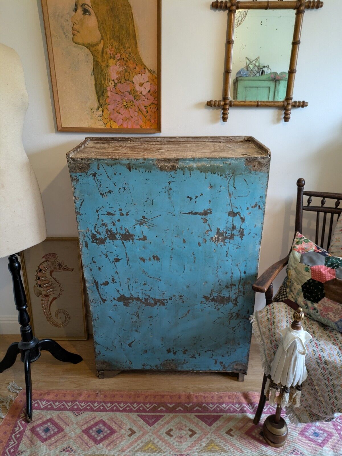 Restored Antique VTG Wood Indian Cabinet Cupboard Paint Glazed Reclaimed Rustic