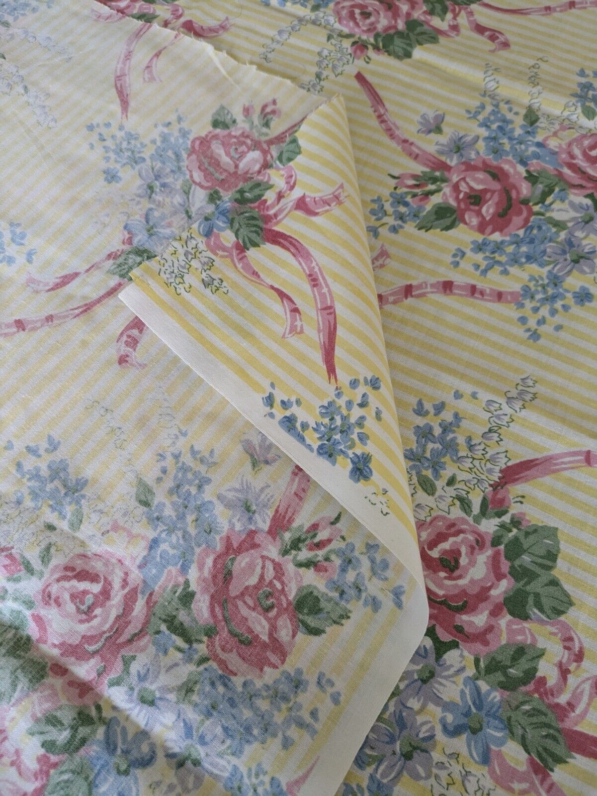 Cotton Fabric 2.61 METRES Material Cabbage Rose Floral Yellow Stripe Vintage New
