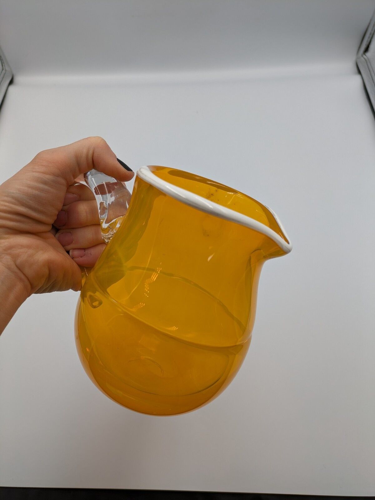 Hand Blown Glass Yellow Pinch Pitcher Applied Handle White Rim American Rare Vgc
