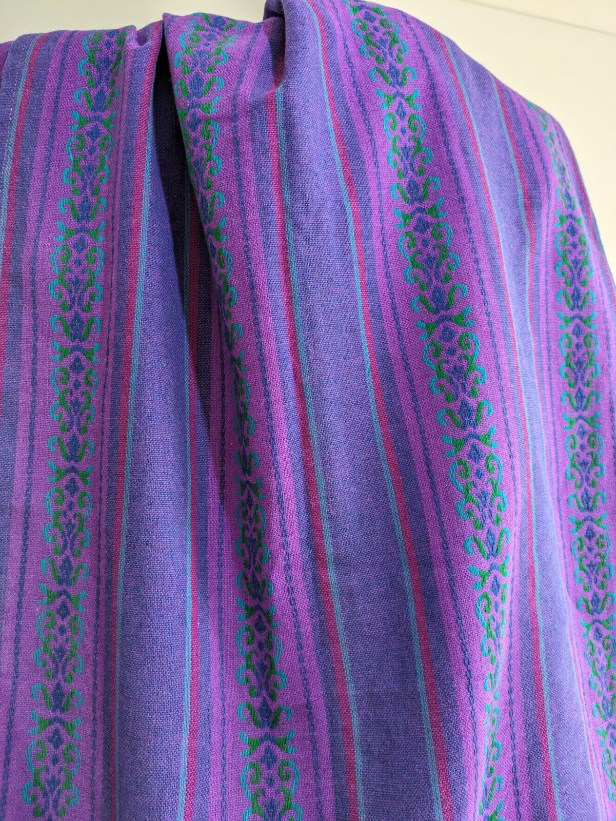 PAIR VINTAGE RETRO PURPLE PATTERNED STRIPE MIDCENTURY CURTAINS 111cmD 113cmW Vgc