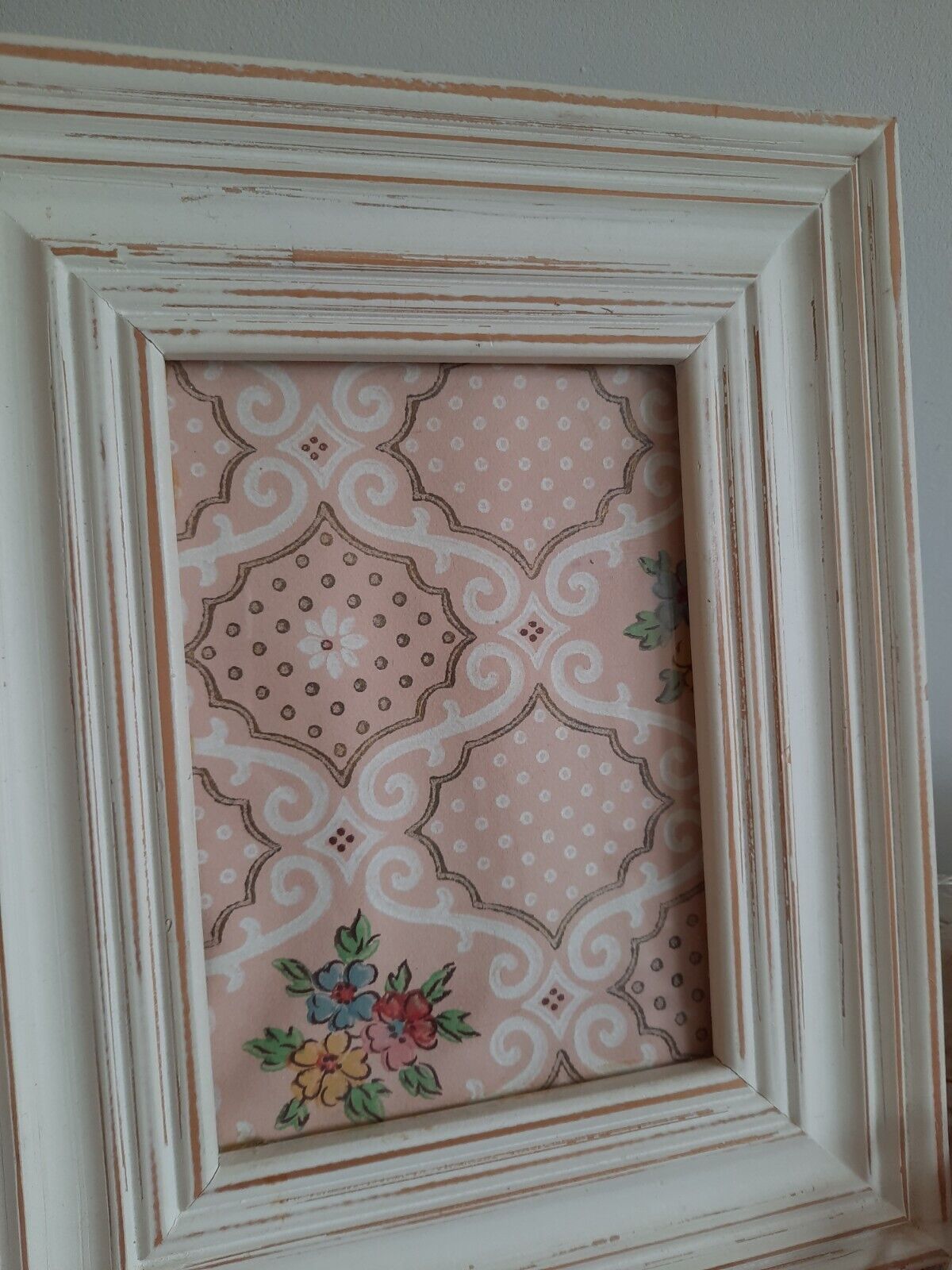 Floral picture Frame Wallpaper Sample gift framed Rare French Vtg Original Pink