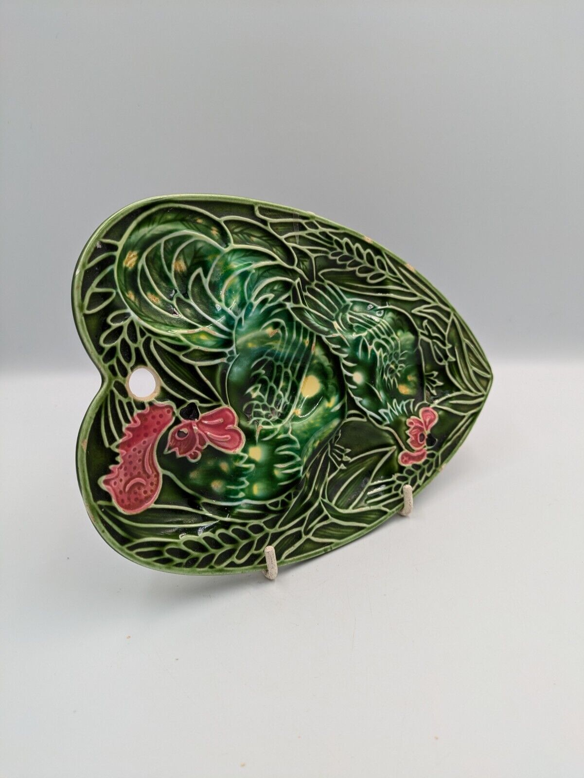 Vintage Chicken Deviled Egg Tray Green Ceramic Dish Plate Hen Heart Leaf Rare