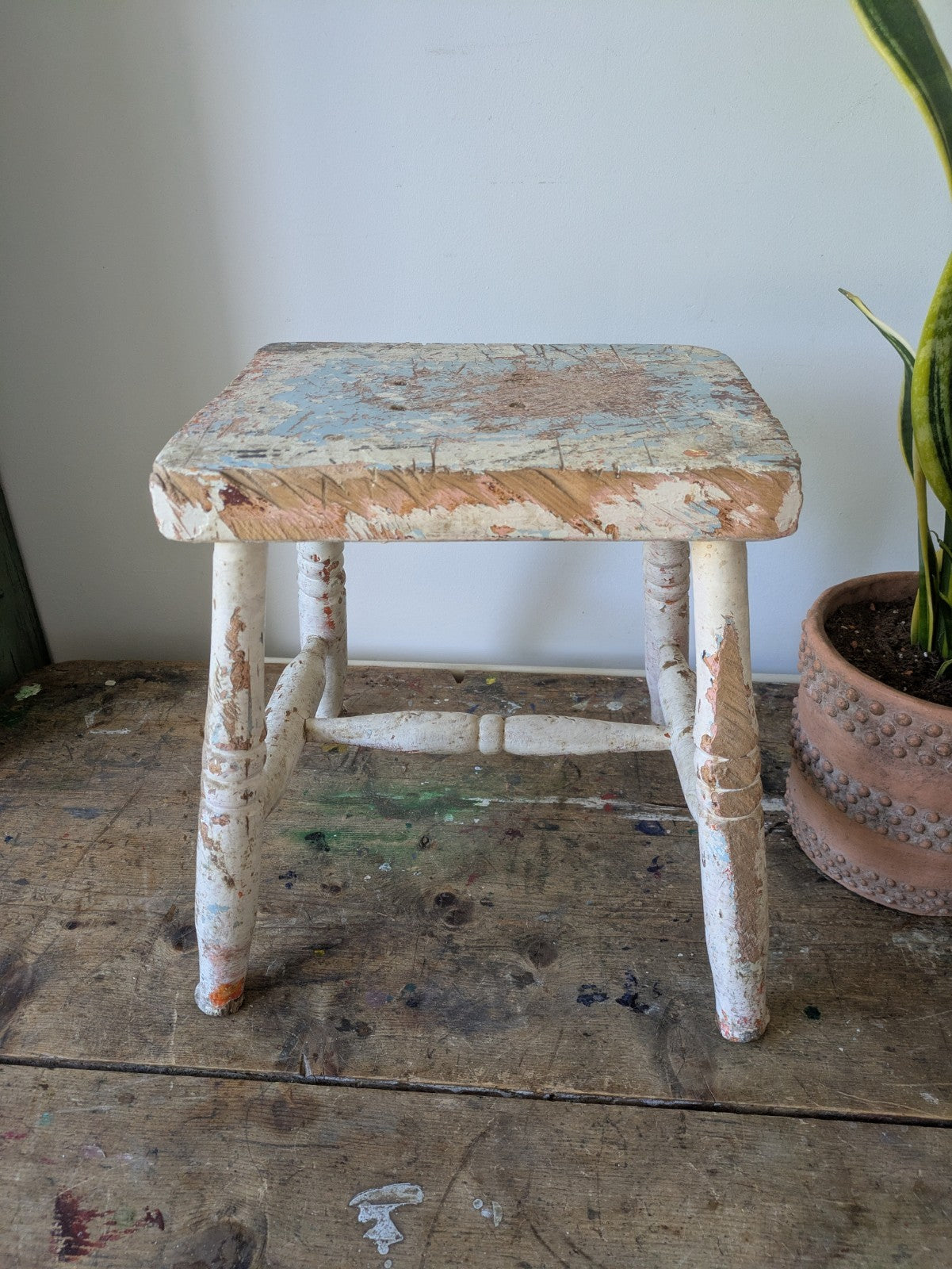Victorian Antique Foot Stool Chippy Paint original seat chair Vtg Milking Step