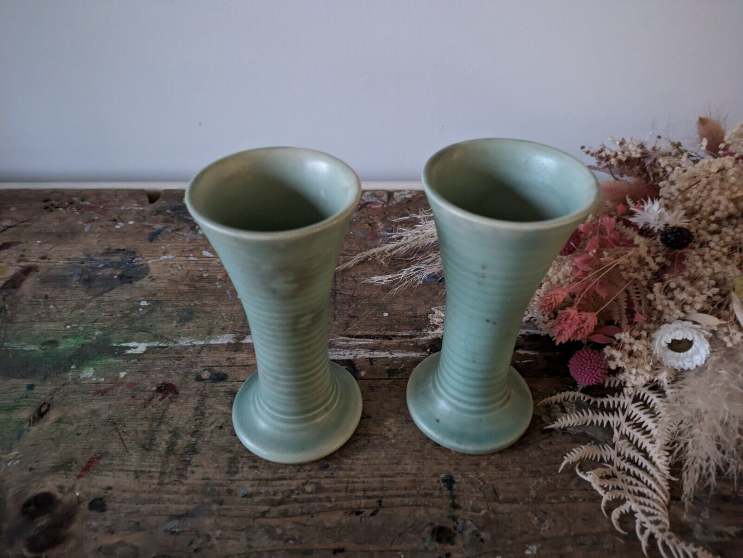 2x Lovatts Langley Pottery Ribbed Vase Windsor Green Vintage 1930's Pair Fluted