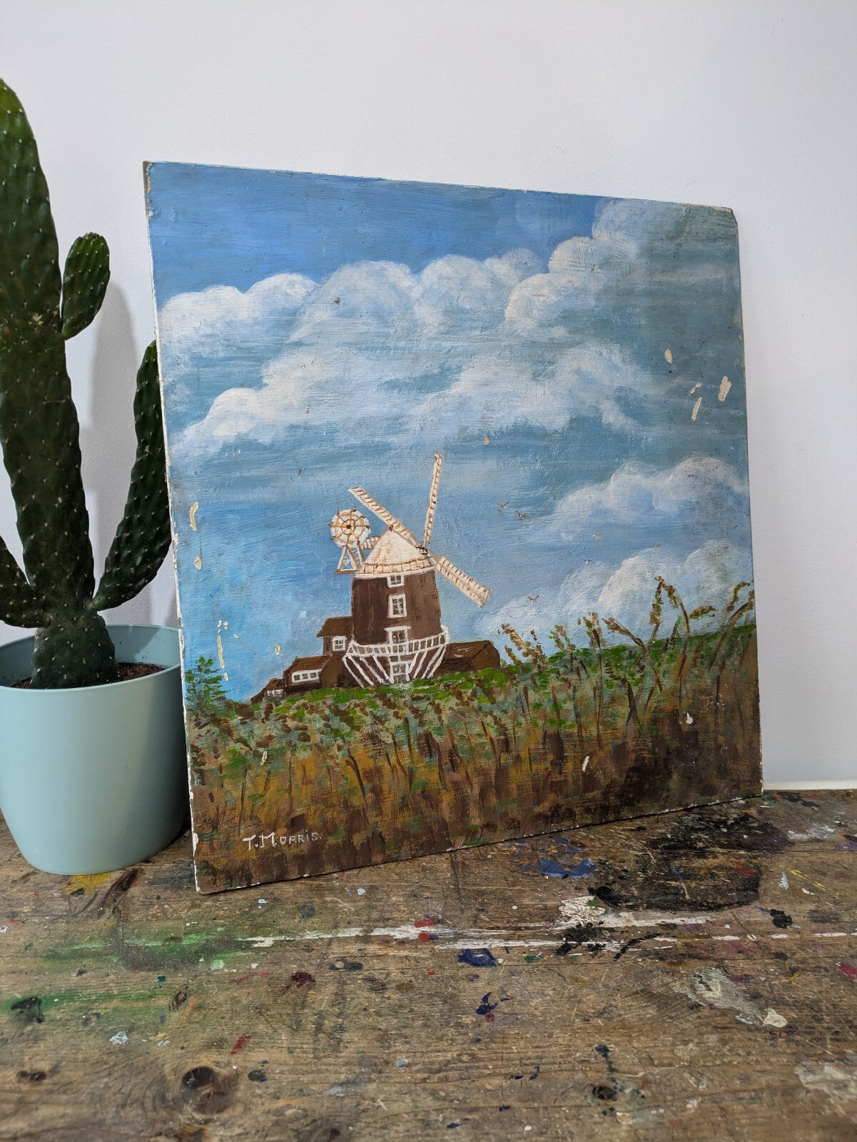 Vtg Painting T Morris Farm Windmill Oil On Board Country Picture Landscape