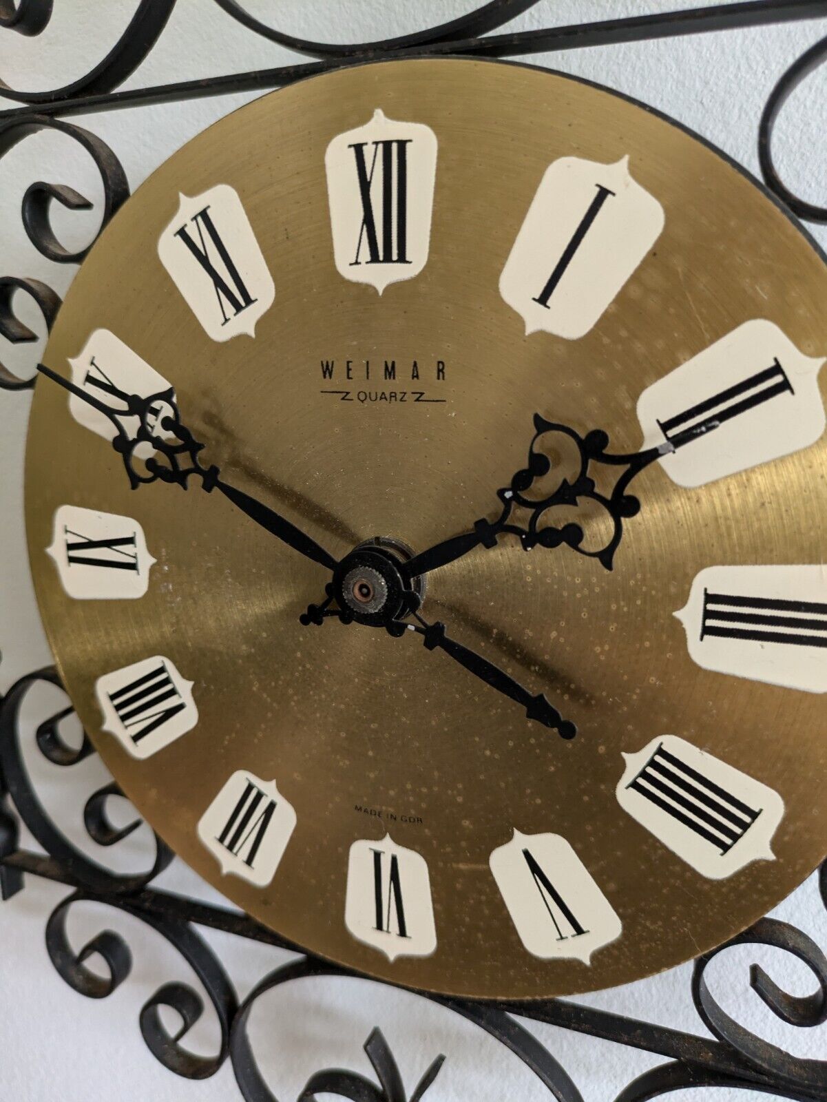 Vintage Weimar Ornate Battery Wall Clock Black Metal Scroll Mid Century MCM 70s