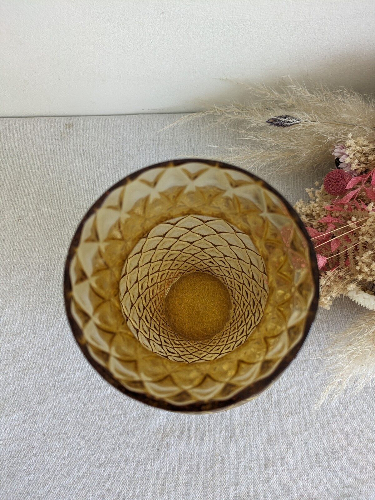 VINTAGE CZECH BOHEMIAN BORSKE SKLO CARO OPTICAL QUILT GLASS VASE AMBER YELLOW