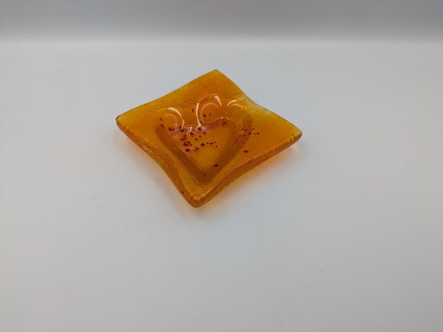 Vintage Mid Century 60s Fused Glass Soap Dish Orange Heart Sq Retro Ash Tray Vgc