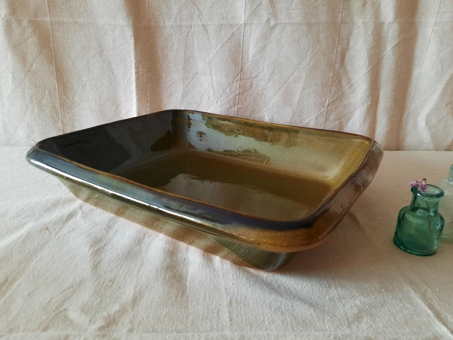 Vintage France French Green Glazed Casserole Dish Stoneware Tray Oven Rare Mint