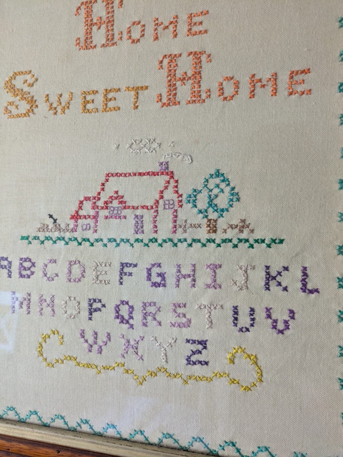 Vintage Cross Stitch Sampler Home Sweet Home Flowers Original Frame Handmade Vgc