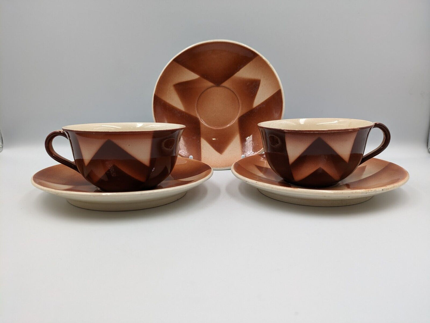 2x 1920s West German Waku Feuerfest Keramik Coffee Cups Saucers Art Deco Antique