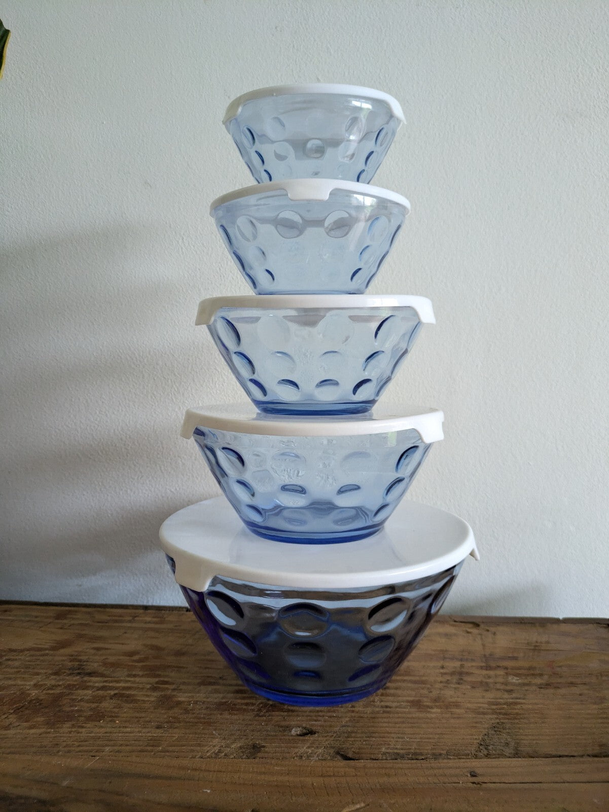 Vintage Set of 5 Stackable Glass Blue Polka Dot Spot Design Bowls W/Lids Nesting