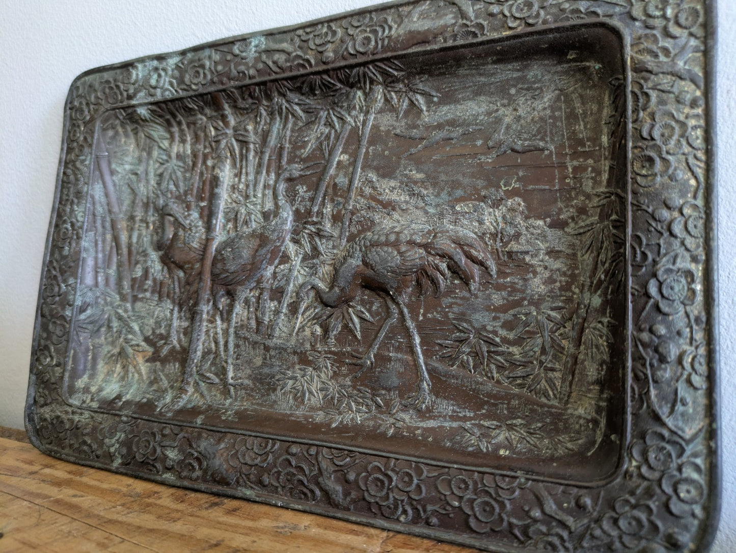 Early 20th Century Oriental Bronze Shallow Dish Heron Cranes Bamboo Tray Plaque